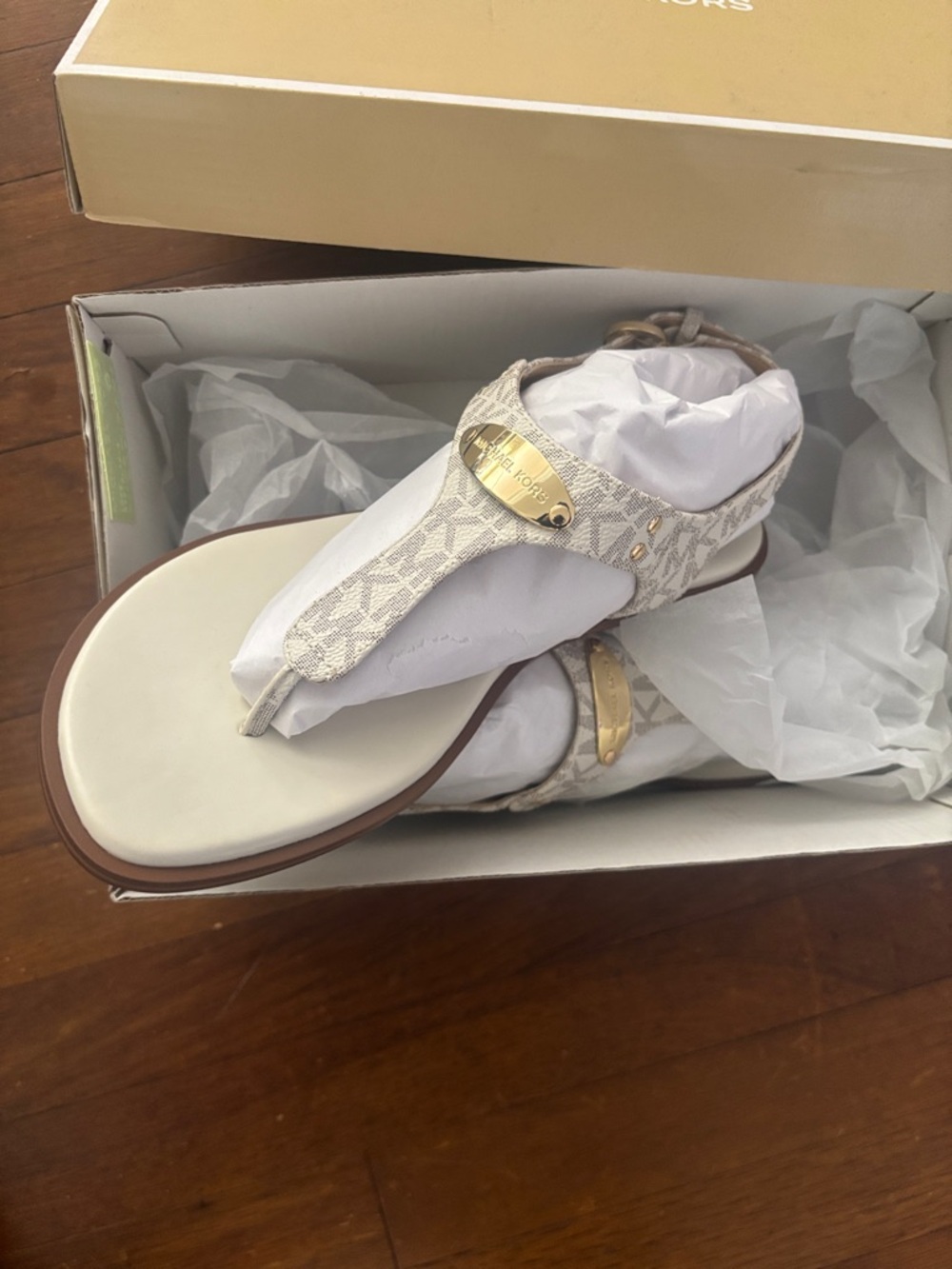 Michael Kors White/Beige MK Monogram Thong Sandals with Gold Accent - Picture 2 of 3
